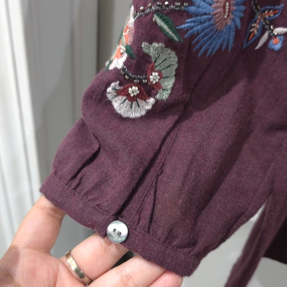 J JILL Boho Chic Plum Long Sleeve Blouse Floral Embroidered Cotton Blend Tunic - Picture 5 of 16